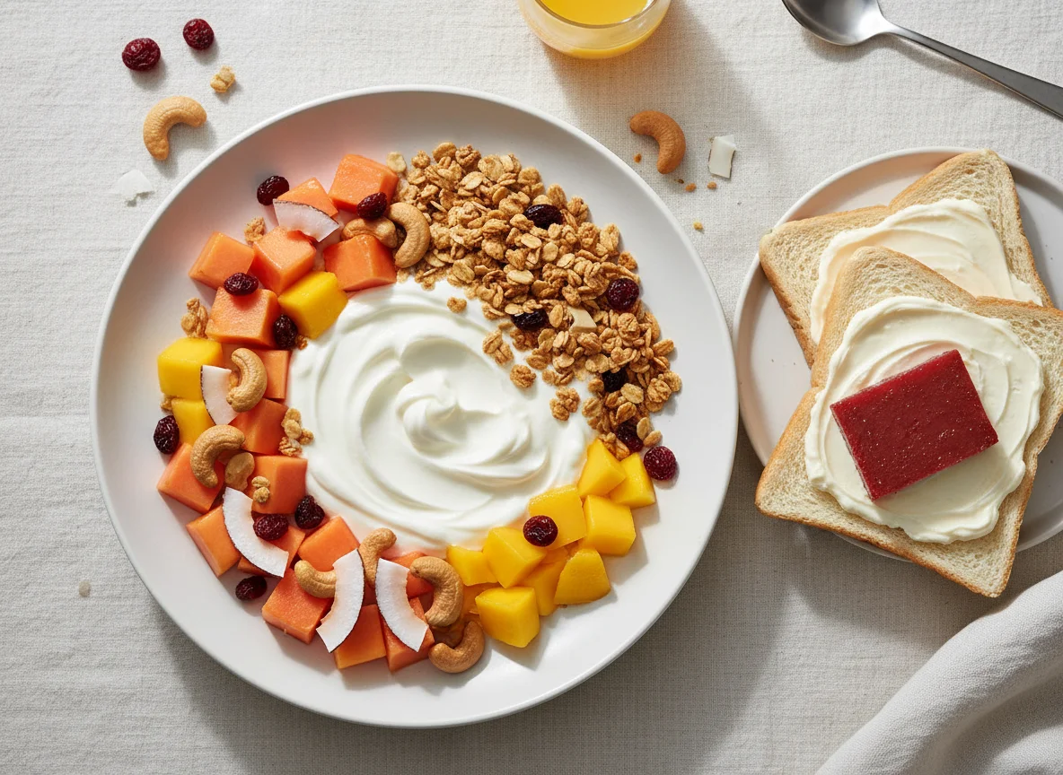 Café da manhã com iogurte, granola e sanduíche photo