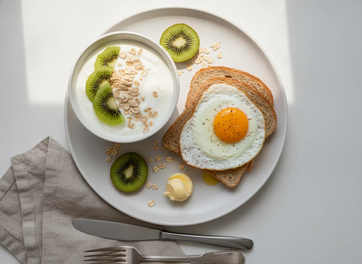 Café da manhã com iogurte, kiwi, aveia e sanduíche de ovo photo