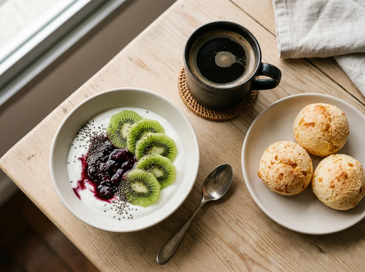 Café da manhã com iogurte, kiwi, chia e café photo