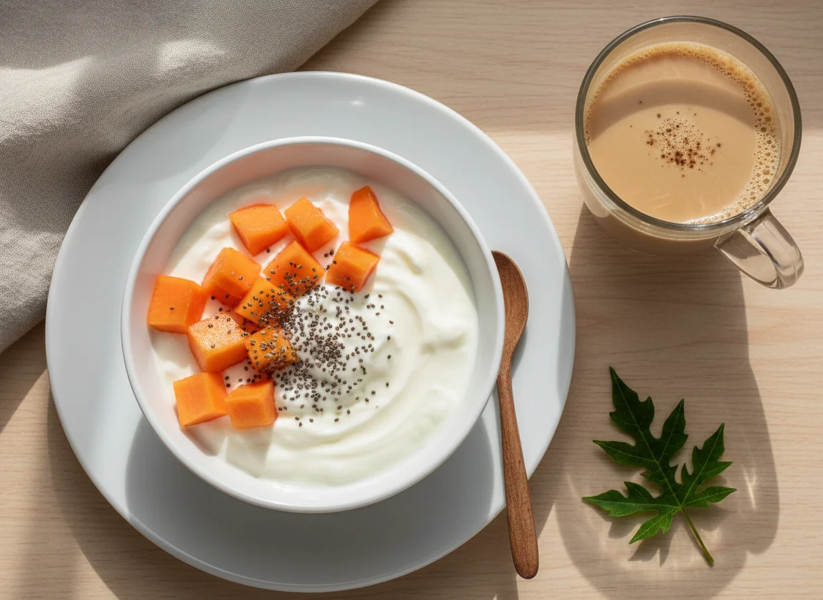 Café da manhã com iogurte, mamão, chia e café com leite photo