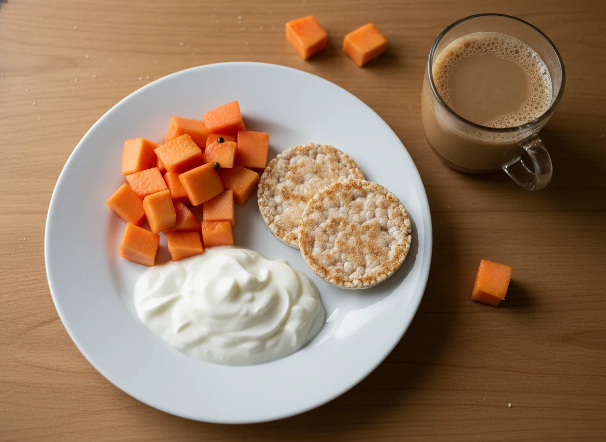 Café da manhã com iogurte, mamão e biscoitos de arroz photo