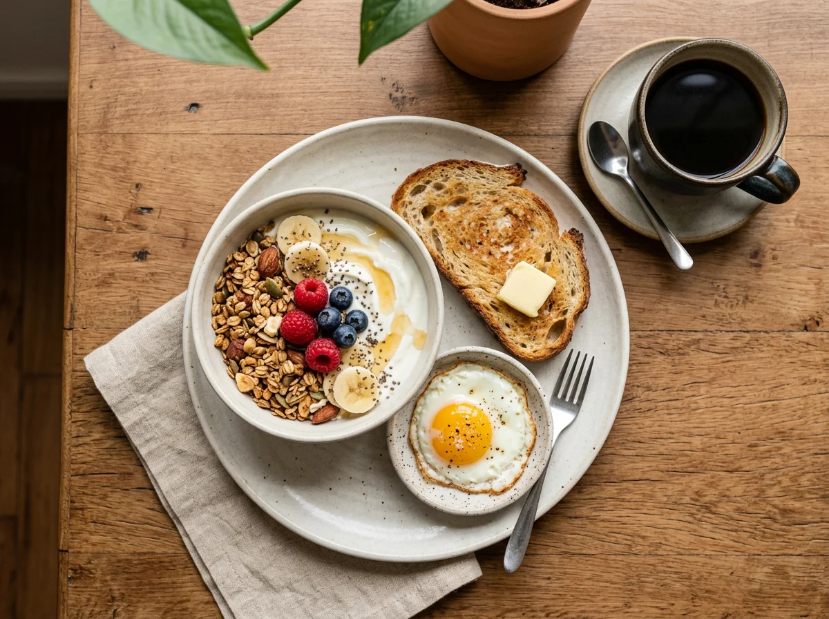 Café da manhã com iogurte, ovo e café photo