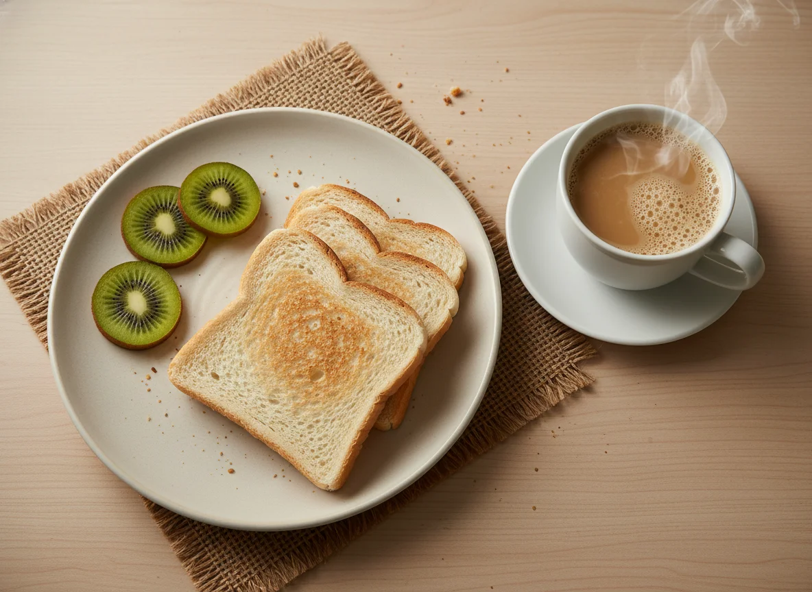 Café da manhã com kiwi, pão e bebida quente photo