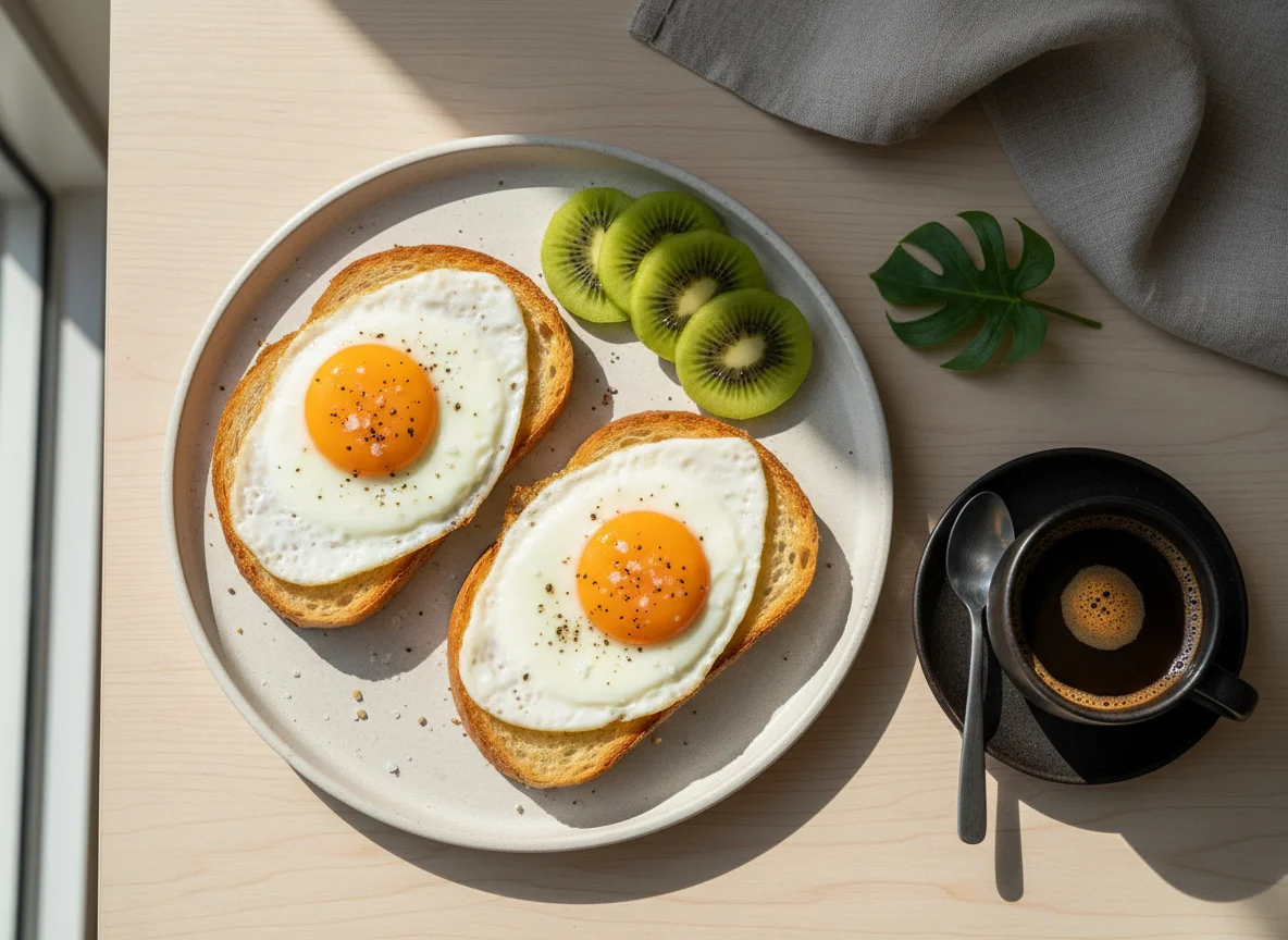 Café da manhã com kiwi, torrada com ovos e café photo