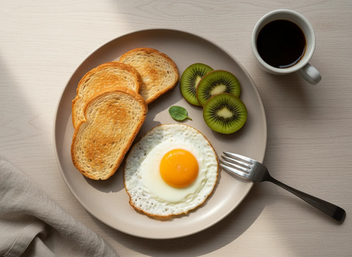 Café da manhã com kiwi, torrada e ovos photo
