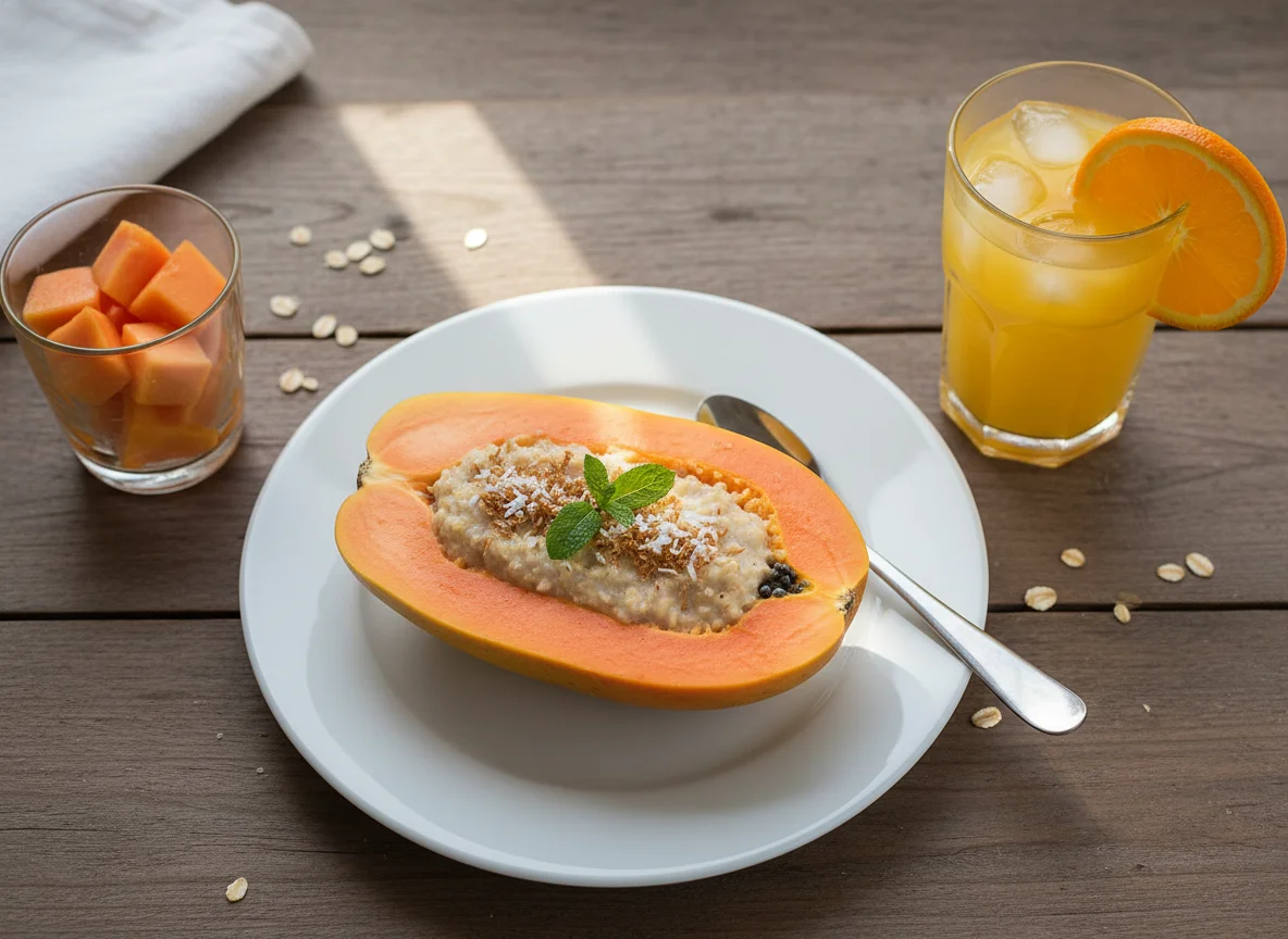 Café da manhã com mamão, aveia e suco de laranja photo