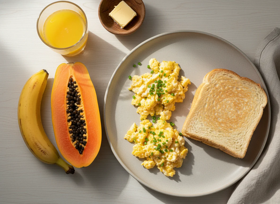 Café da manhã com mamão, banana, ovos mexidos e pão photo