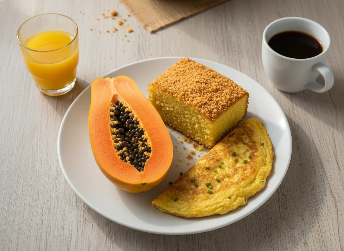 Café da manhã com mamão, bolo e omelete photo