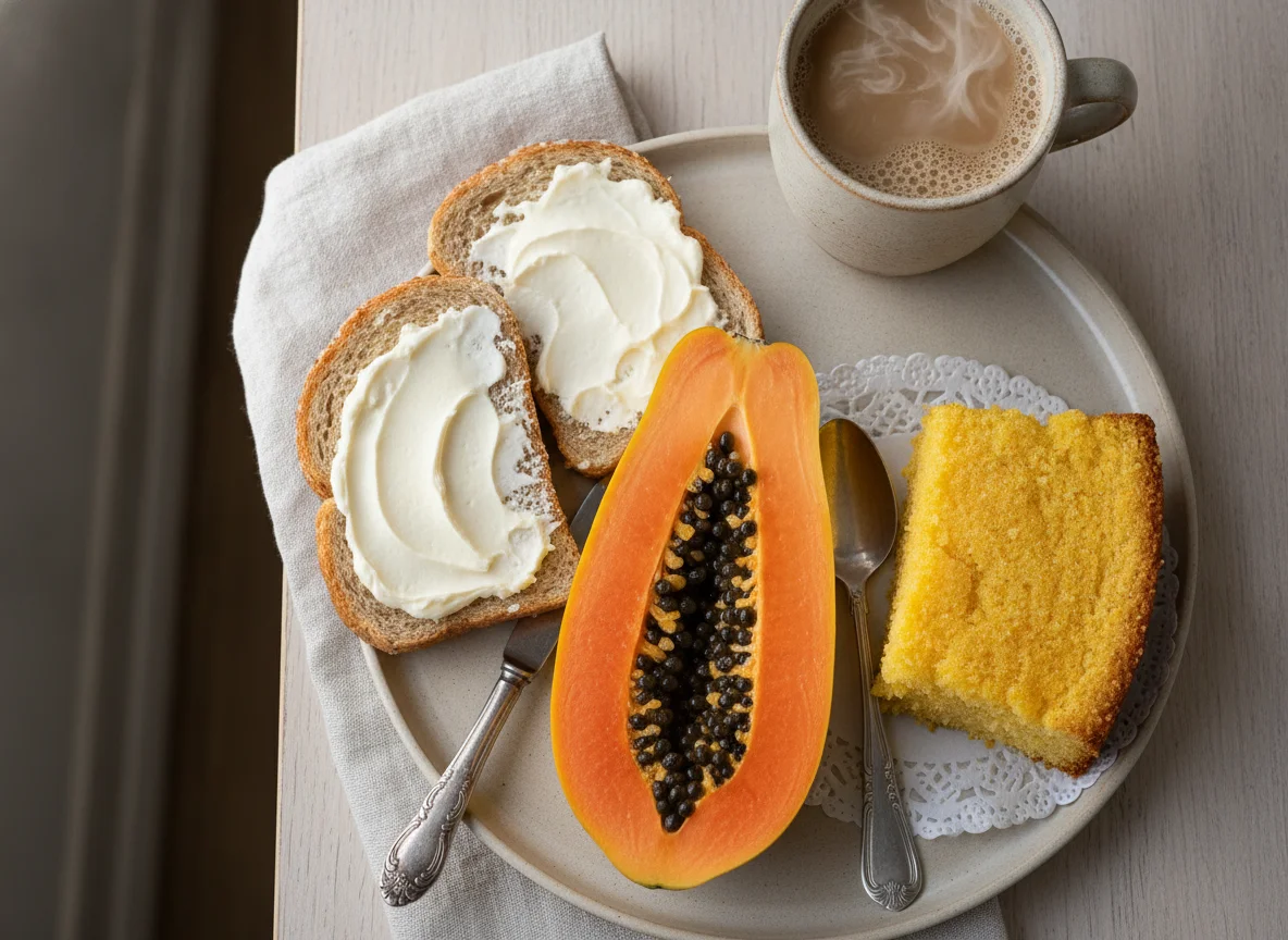 Café da manhã com mamão, bolo e pão com requeijão photo