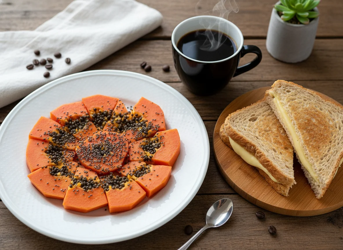 Café da manhã com mamão, café e sanduíche photo