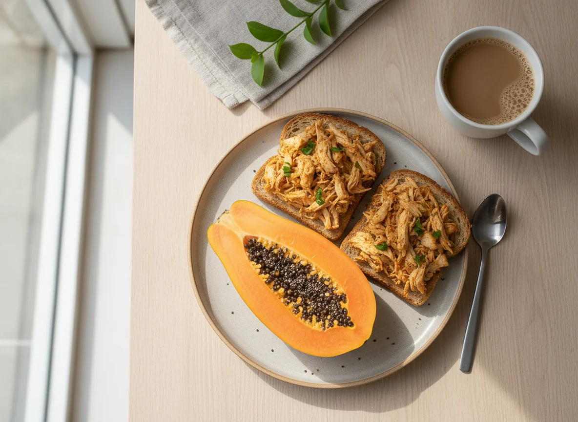 Café da manhã com mamão, chia e torrada com frango desfiado photo
