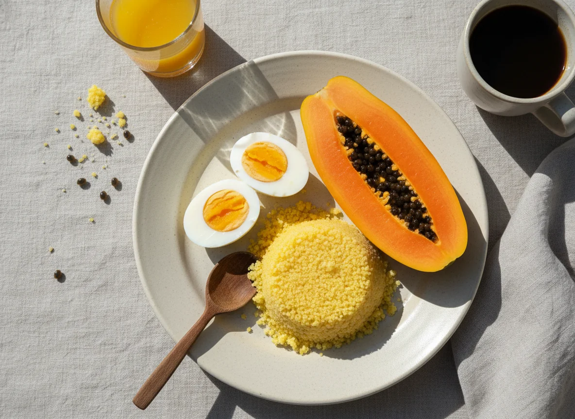 Café da manhã com mamão, cuscuz e ovos cozidos photo