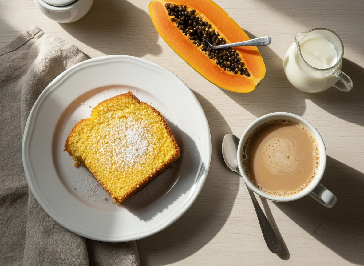 Café da manhã com mamão e bolo photo