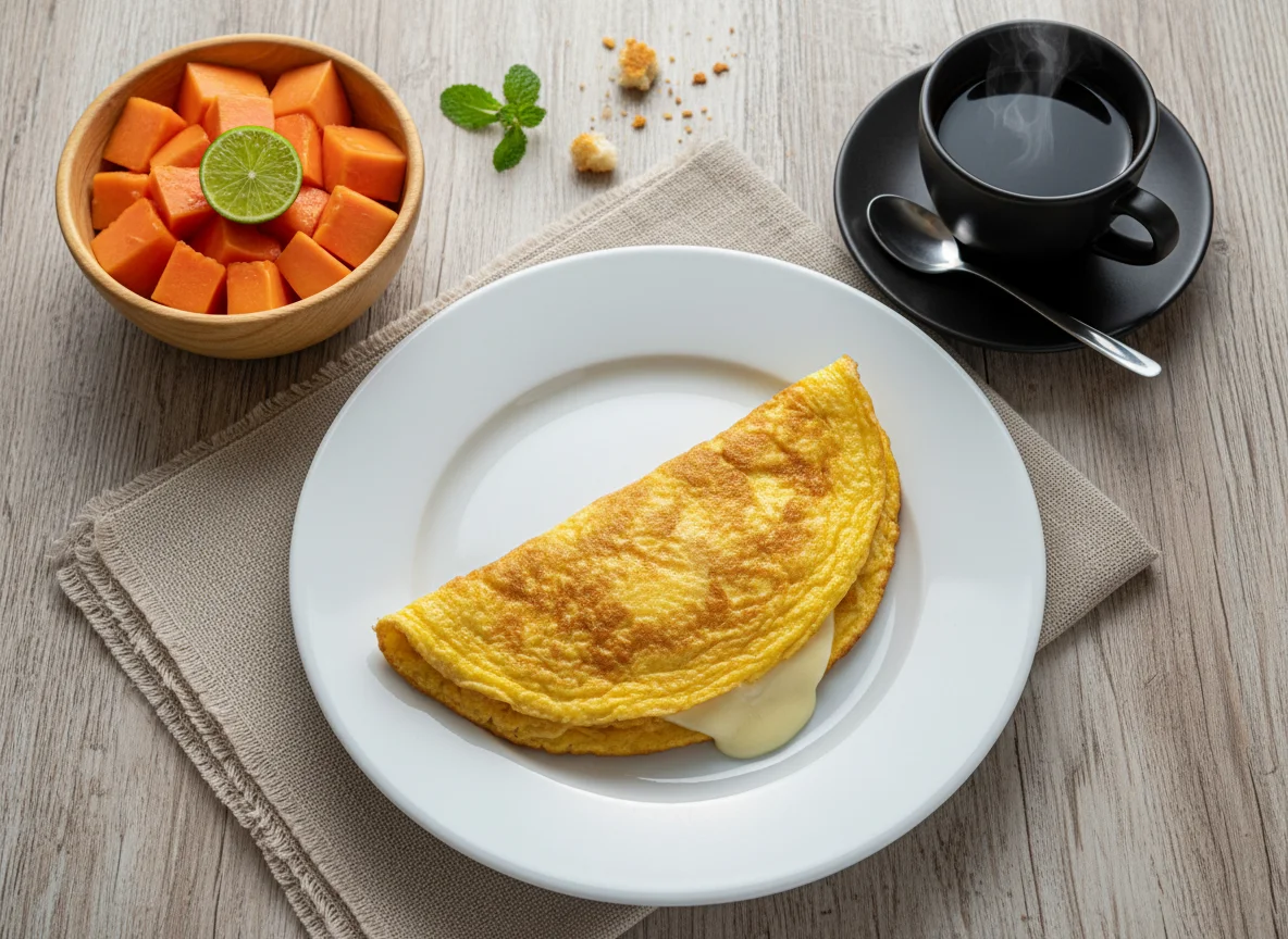 Café da manhã com mamão e omelete photo