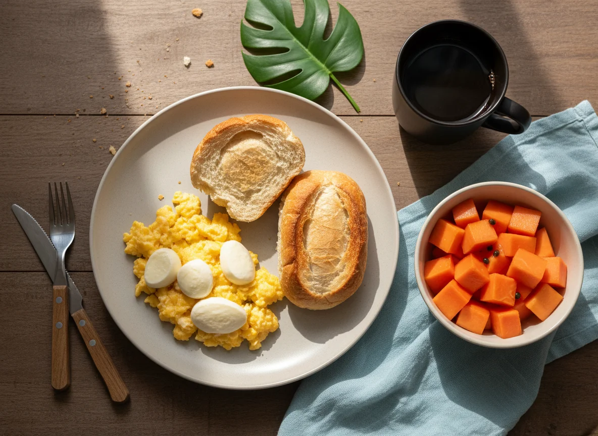 Café da manhã com mamão e pão com ovos mexidos photo
