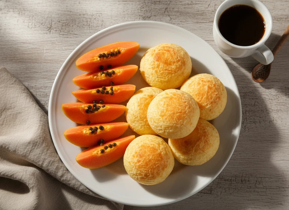 Café da manhã com mamão e pão de queijo photo