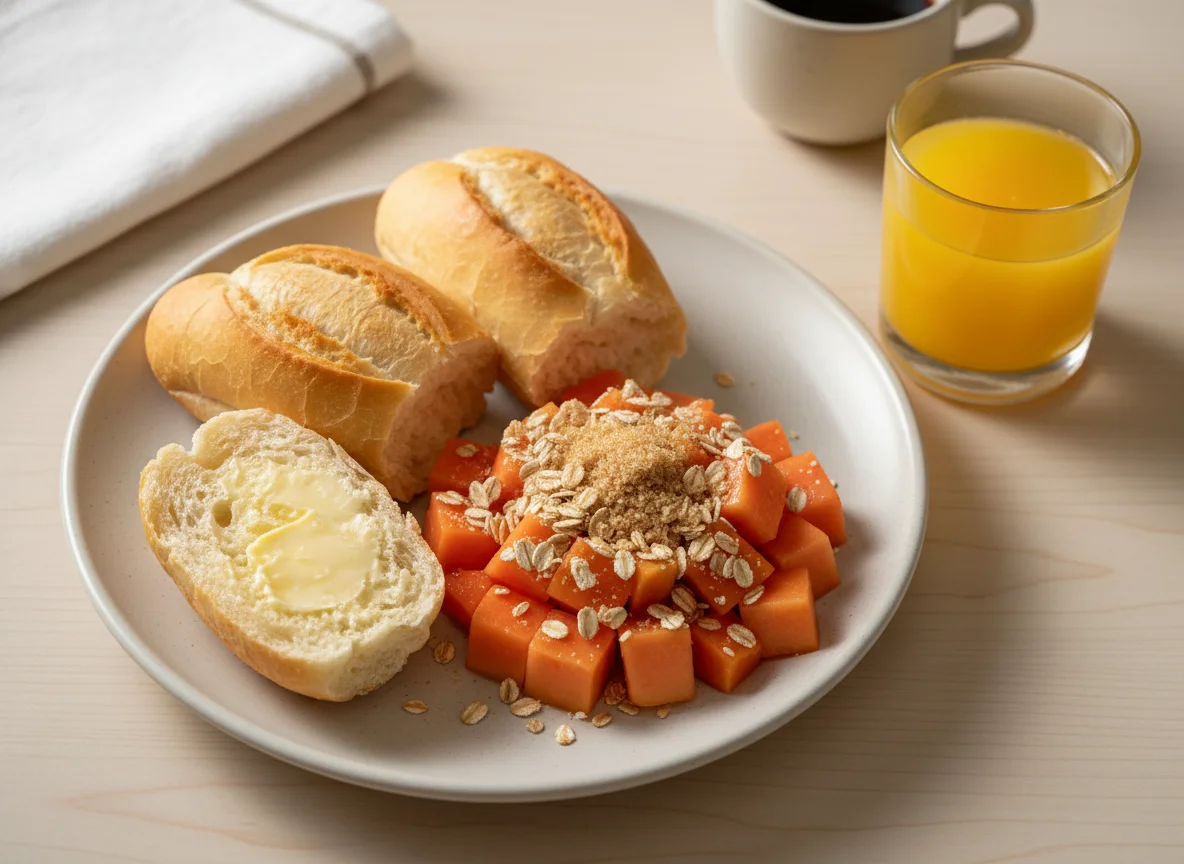 Café da manhã com mamão e pão francês photo
