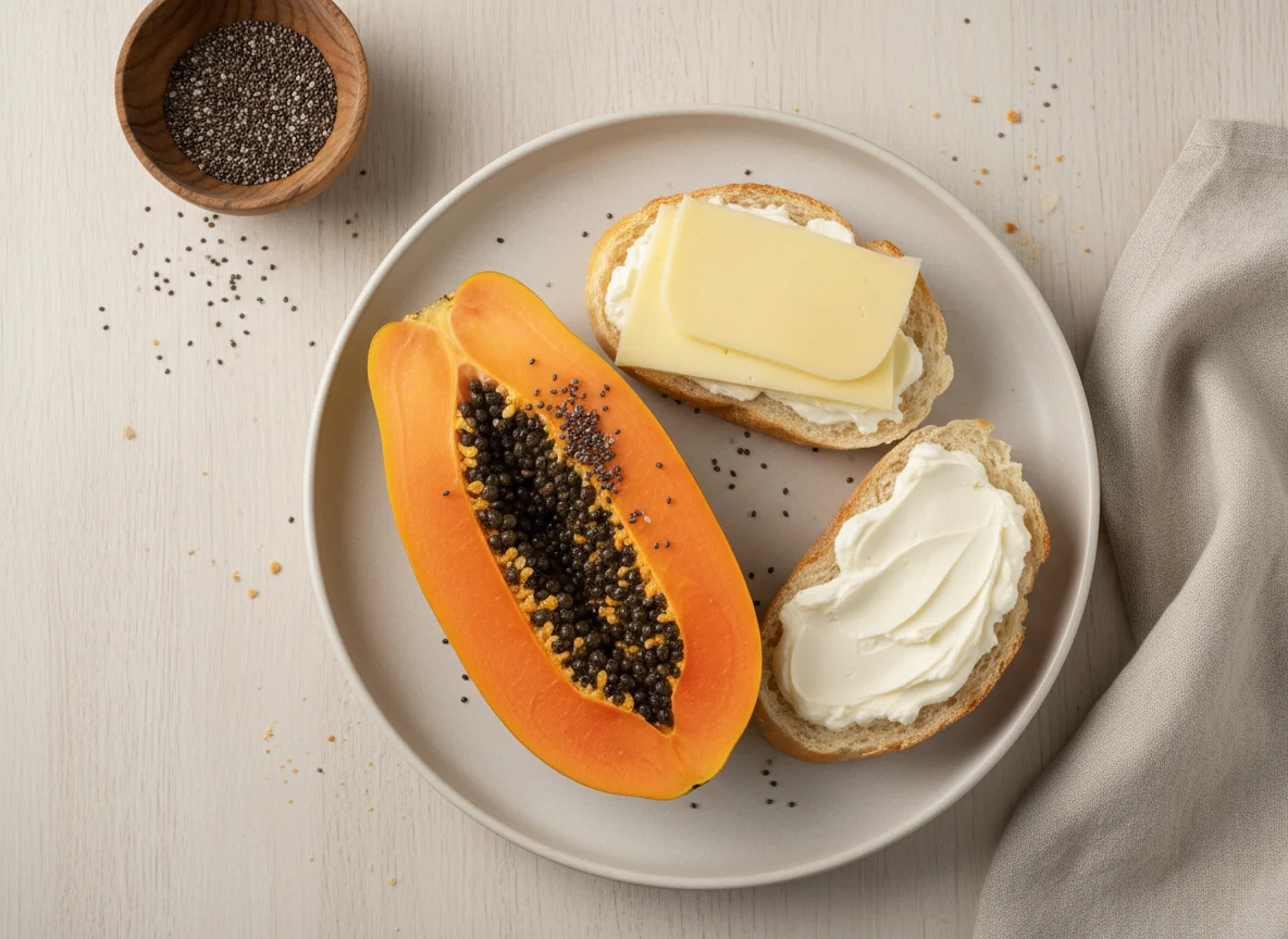 Café da manhã com mamão e sanduíche photo