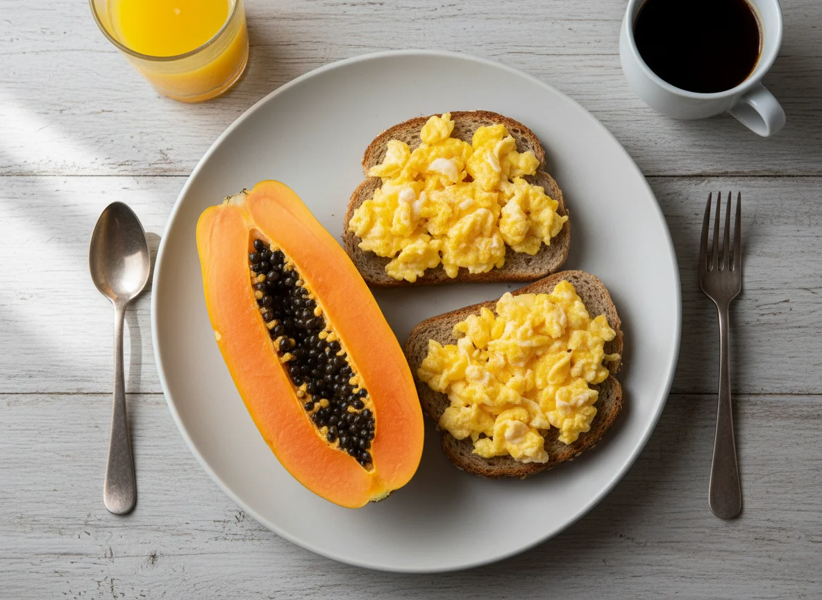 Café da manhã com mamão e torrada com ovos mexidos photo