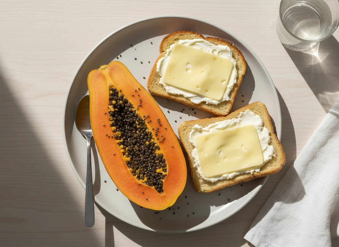 Café da manhã com mamão e torrada com queijo photo