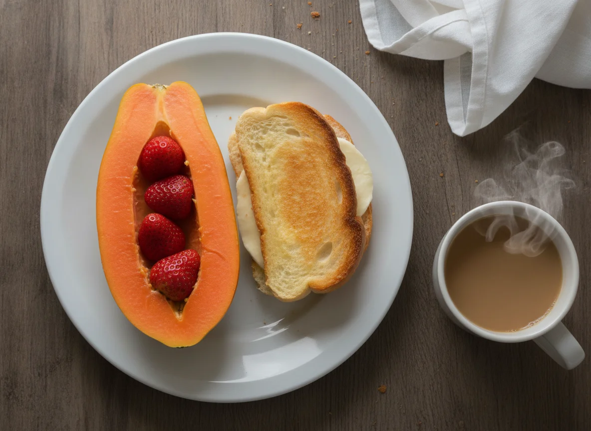 Café da manhã com mamão, morangos, pão na chapa com queijo e café com leite photo