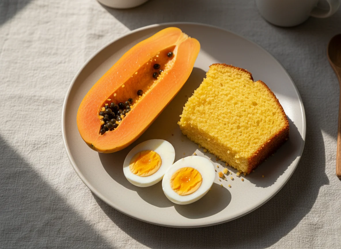 Café da manhã com mamão, ovo cozido e bolo de fubá photo