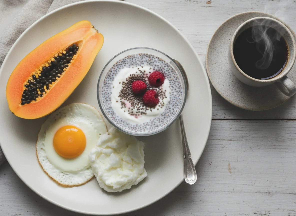 Café da manhã com mamão, ovo e clara, chia pudding e café photo
