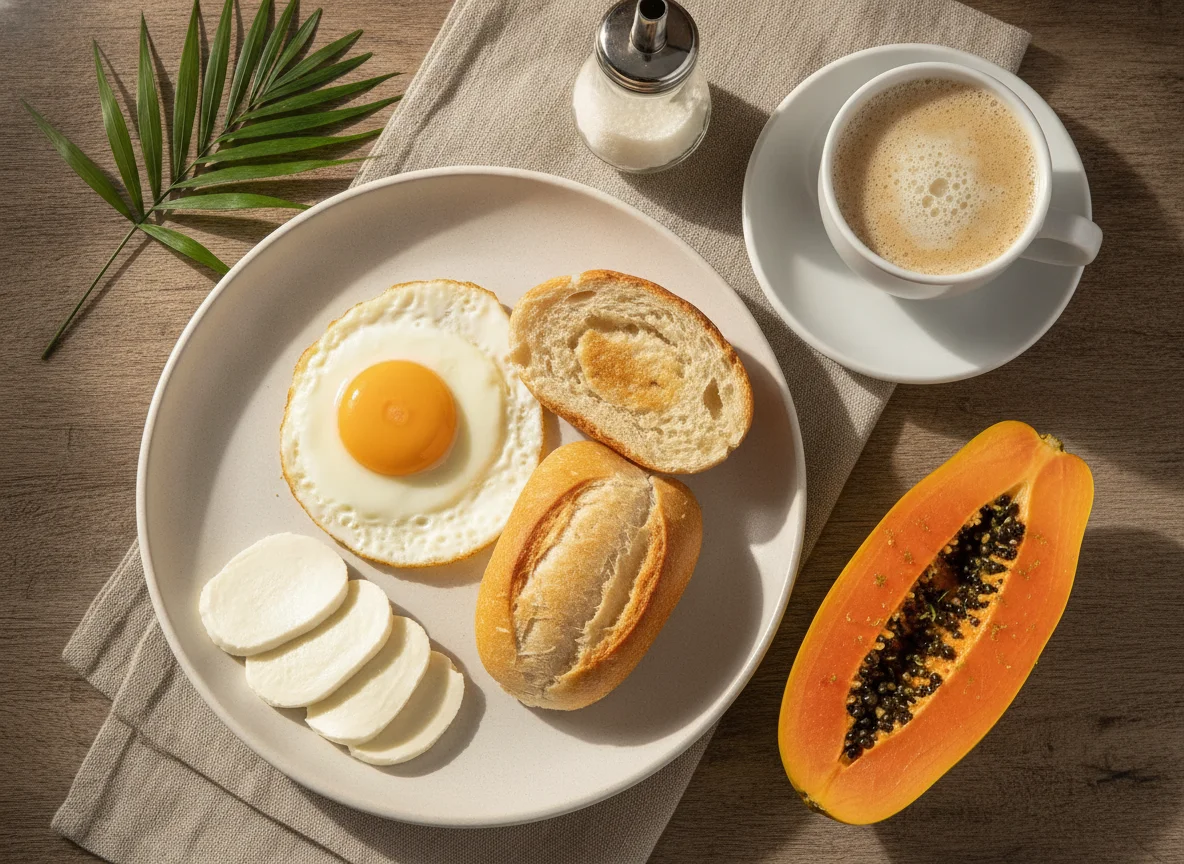 Café da manhã com mamão, ovo, pão, queijo e café com leite photo