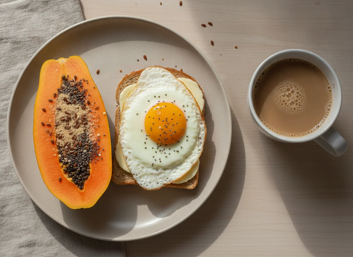 Café da manhã com mamão, ovo, torrada e café com leite photo