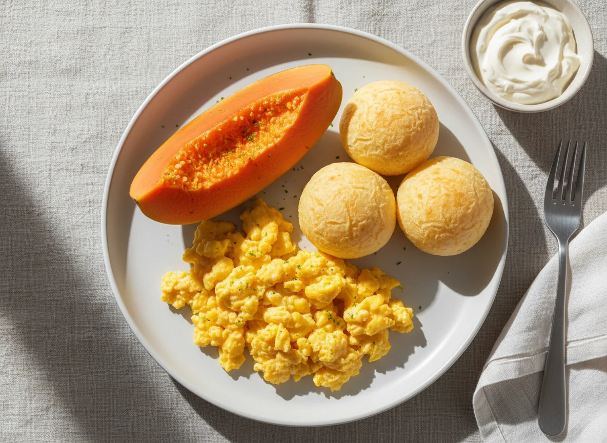 Café da manhã com mamão, ovos mexidos e pão de queijo photo