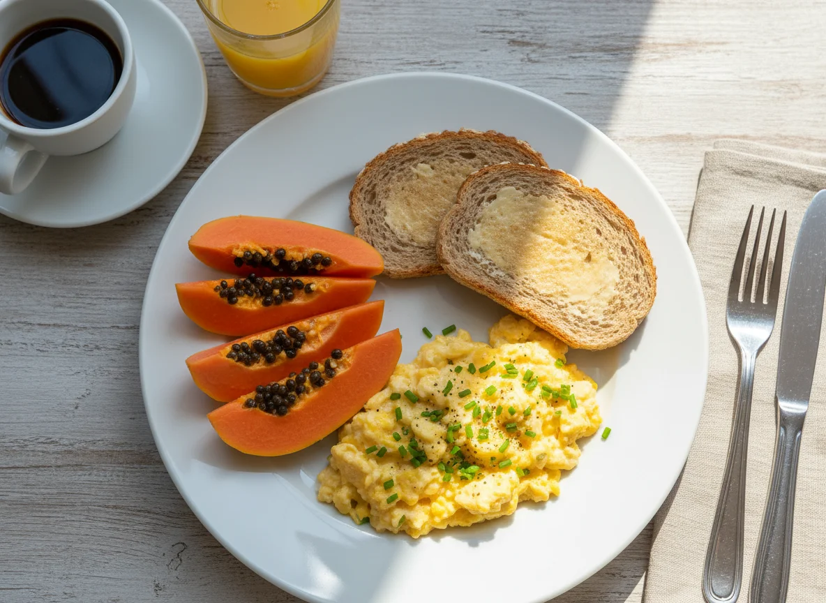 Café da manhã com mamão, ovos mexidos e pão photo