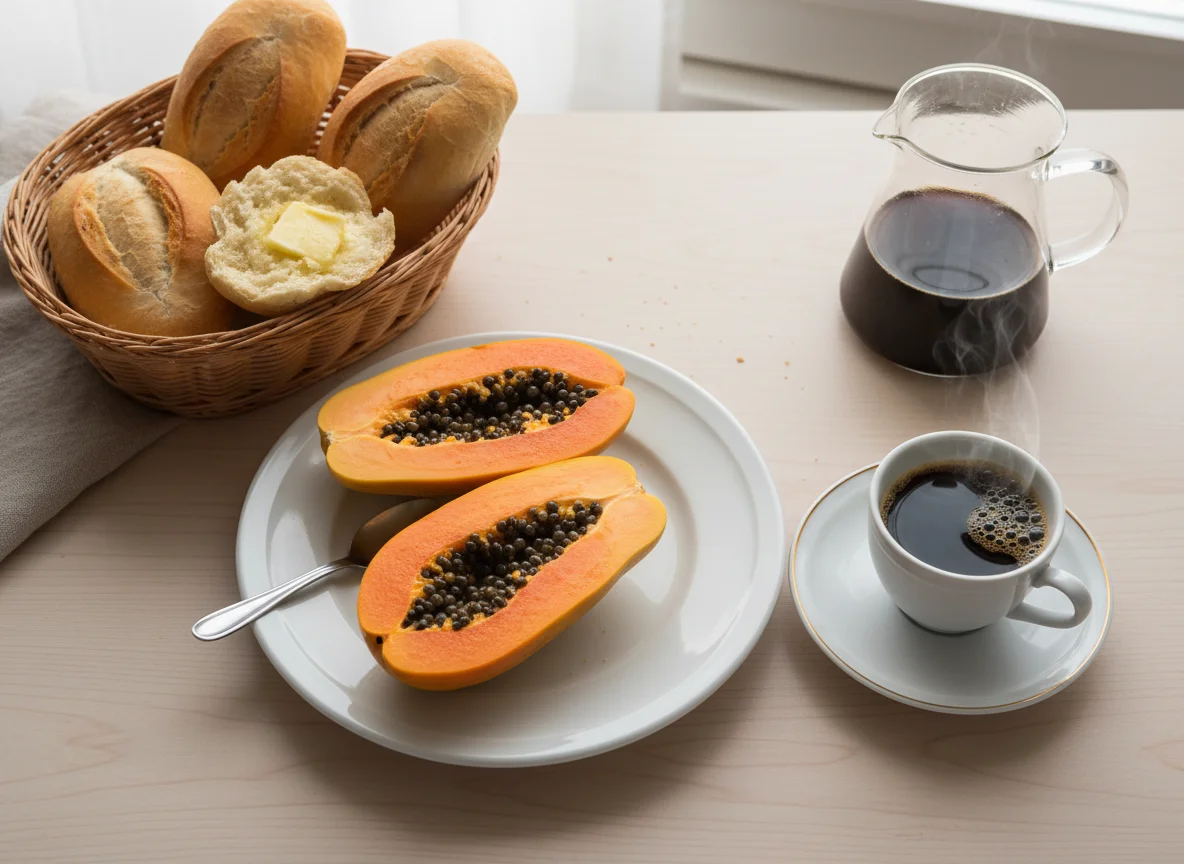 Café da manhã com mamão, pães e café photo