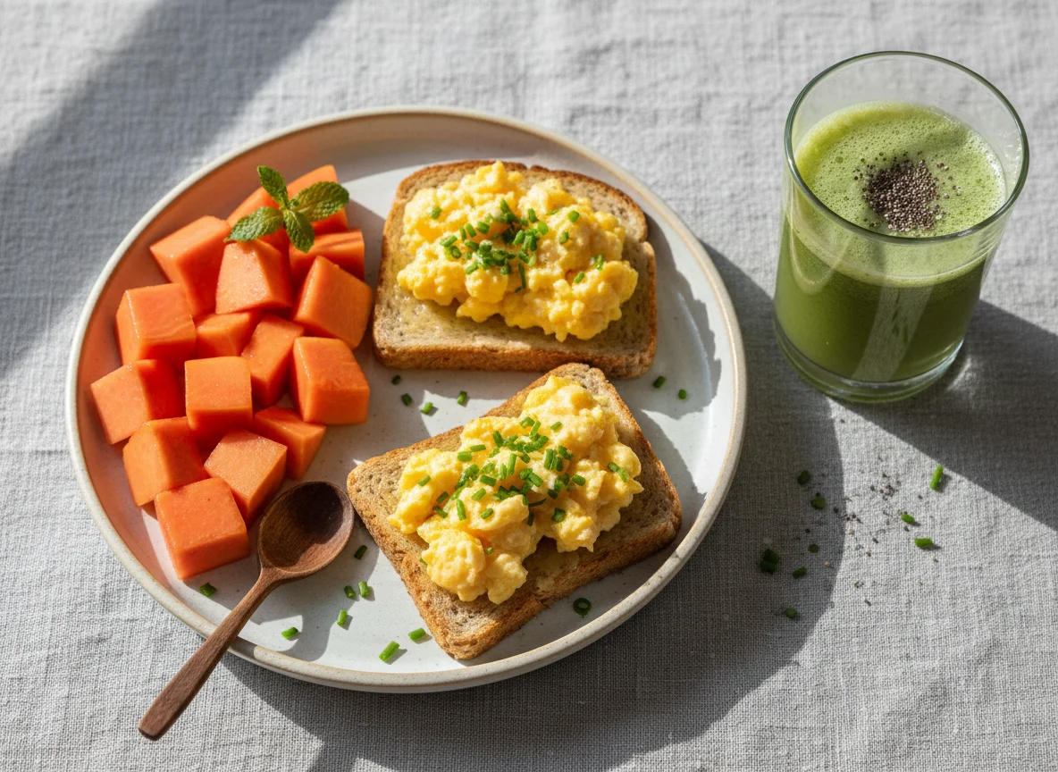Café da manhã com mamão, suco verde e torrada com ovo photo