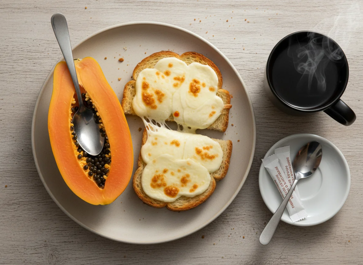 Café da manhã com mamão, torrada com queijo e café photo