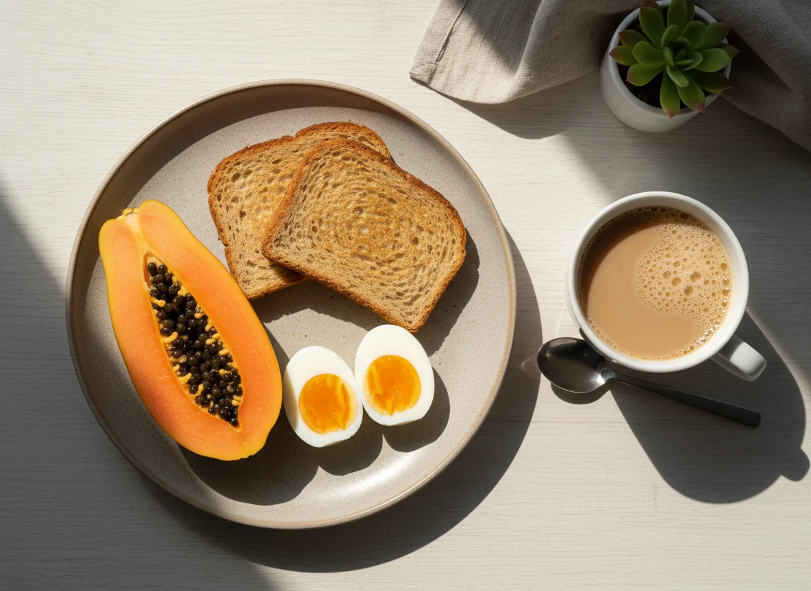 Café da manhã com mamão, torrada e ovo photo