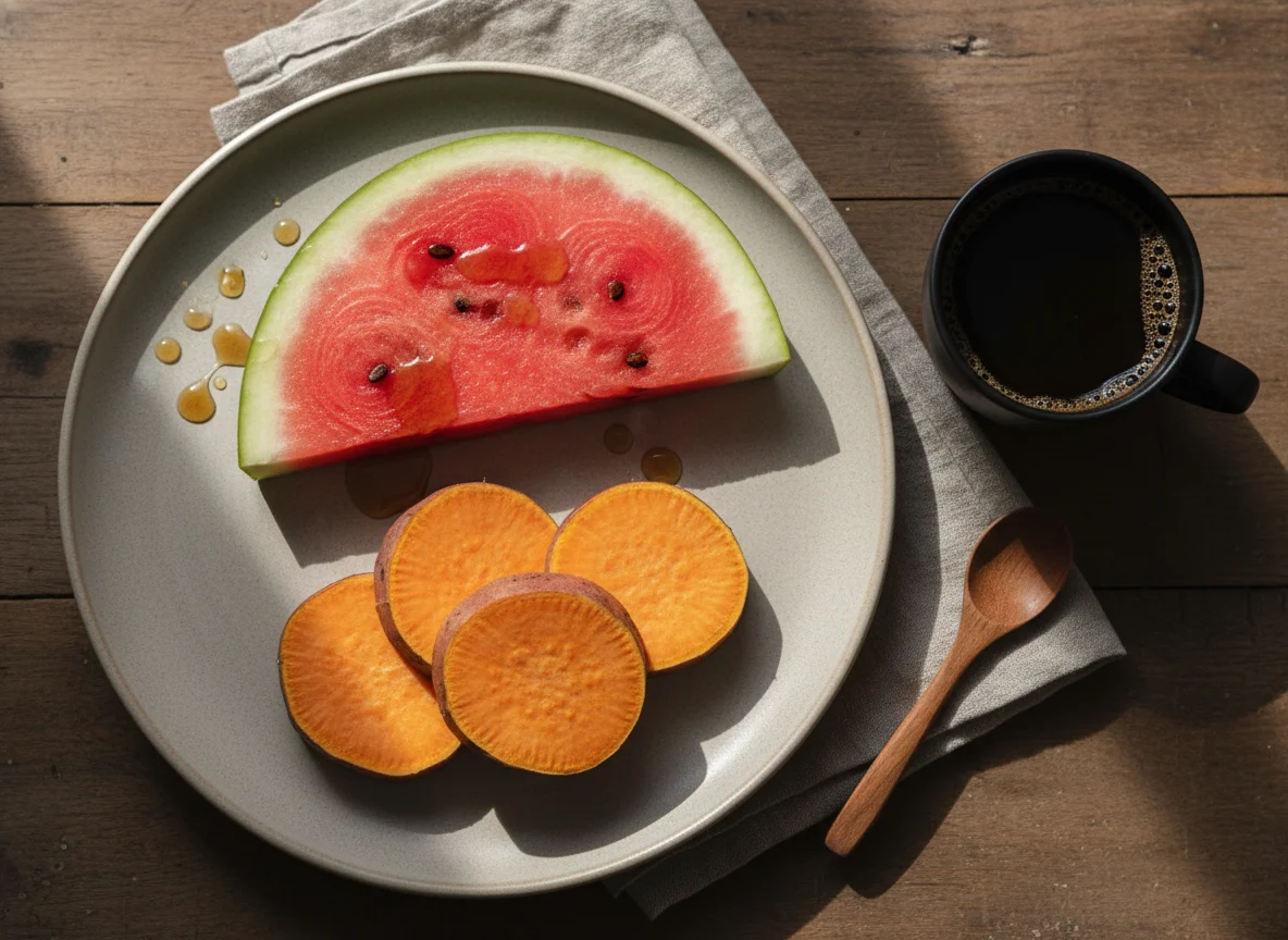 Café da manhã com melancia e batata doce photo