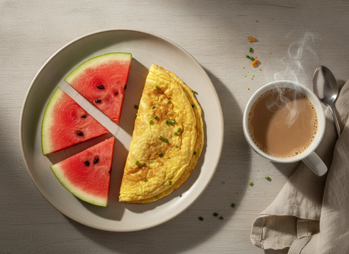 Café da manhã com melancia, omelete e café com leite photo