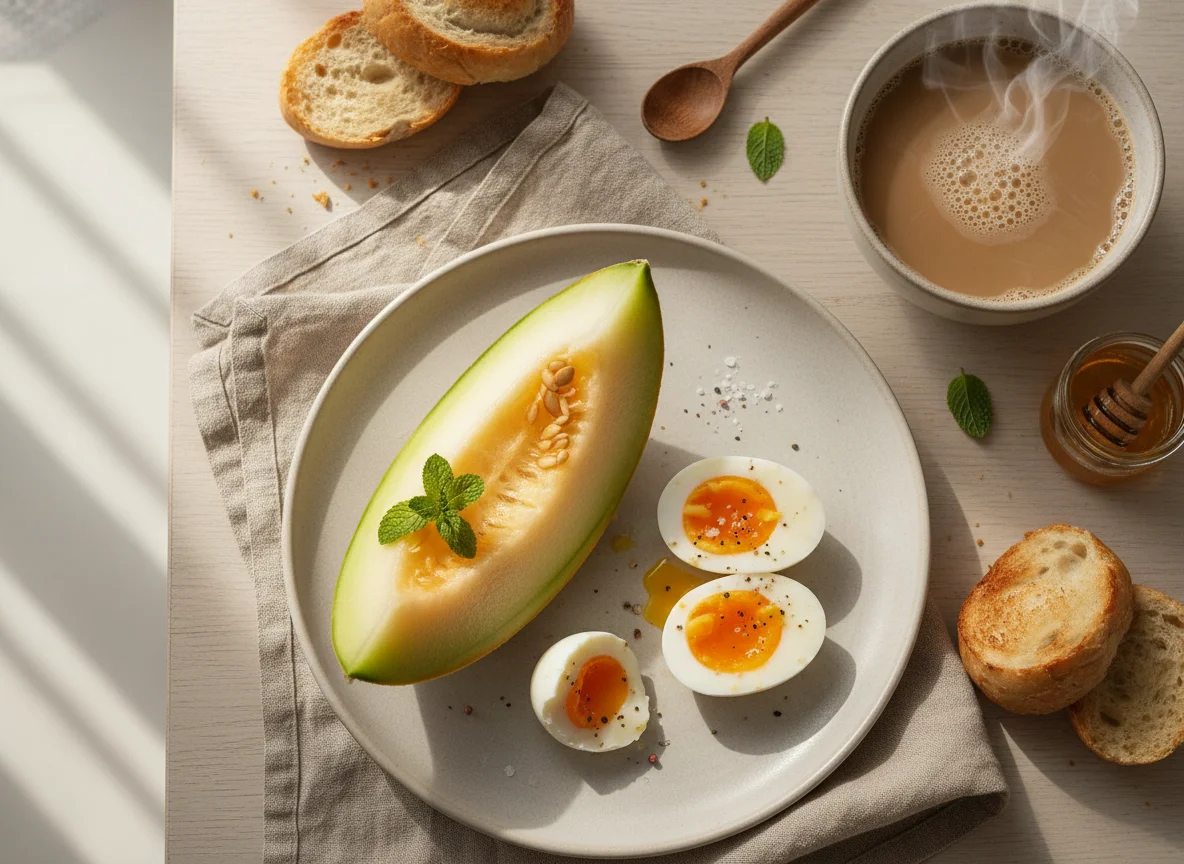 Café da manhã com melão, ovos e café com leite photo