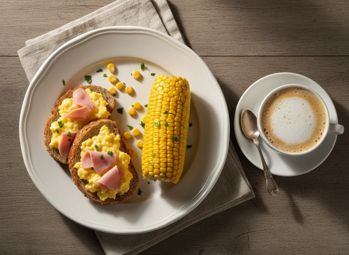 Café da manhã com milho, pão com ovos e café com leite photo
