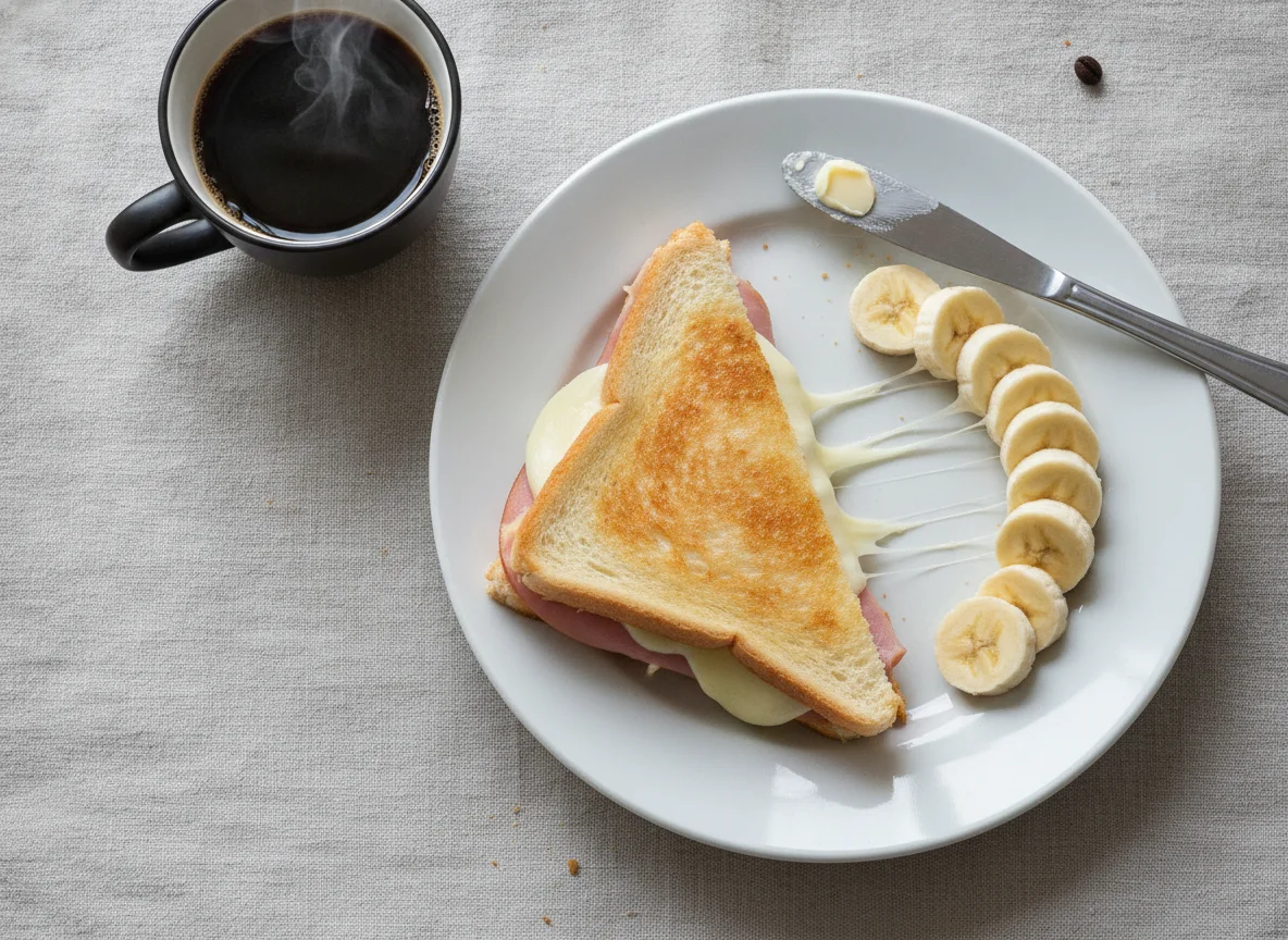 Café da manhã com misto quente, banana e café photo