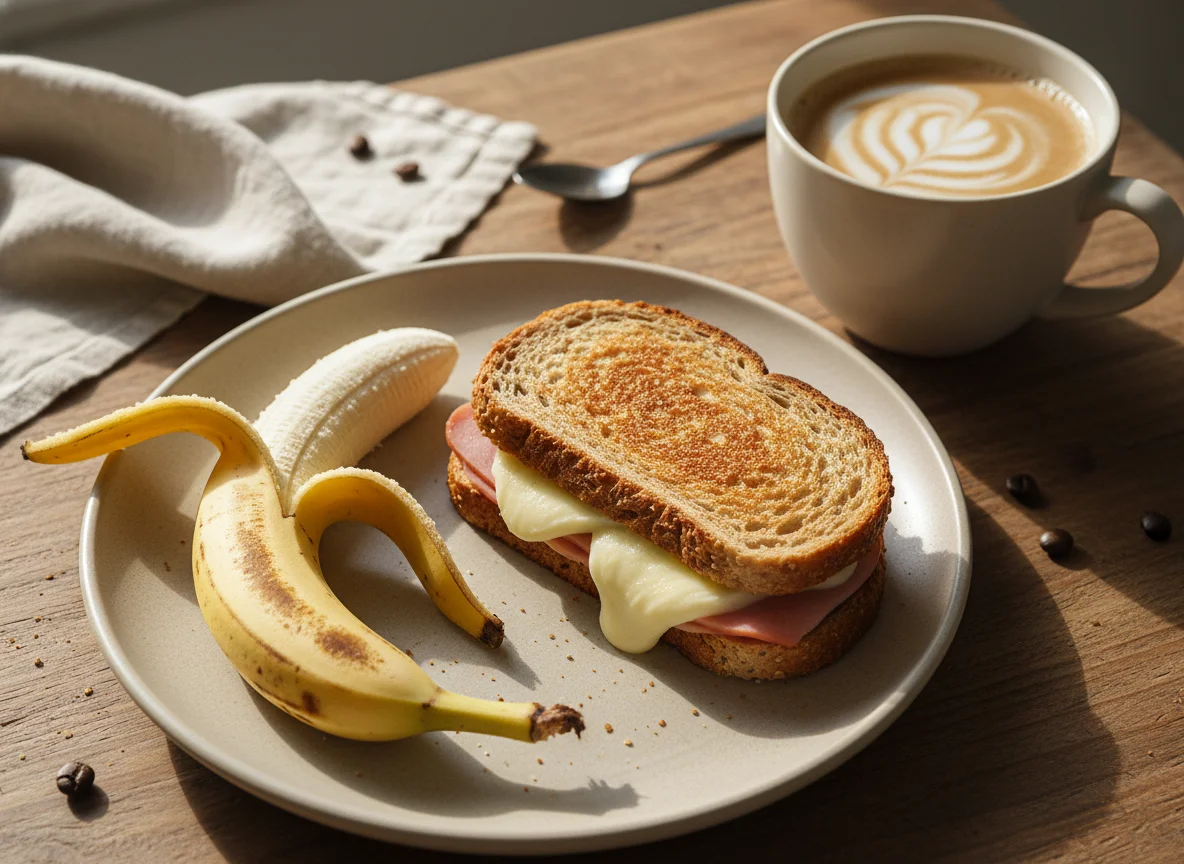 Café da manhã com misto quente, bananas e café com leite photo