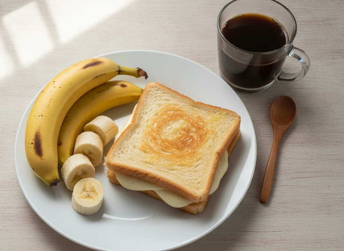 Café da manhã com misto quente e banana photo