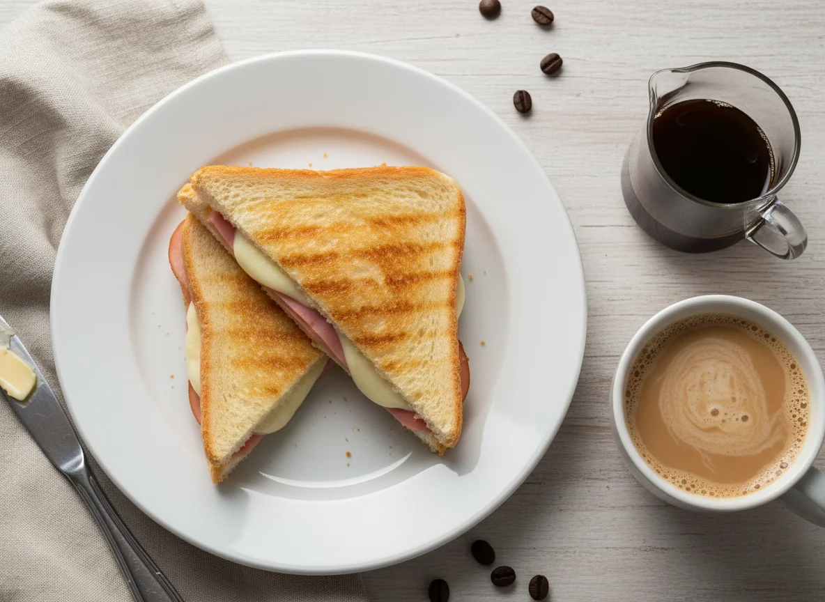 Café da manhã com misto quente e café com leite photo