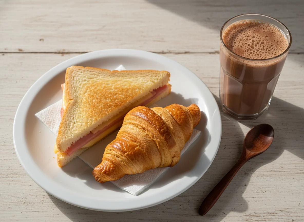 Café da manhã com misto quente e croissant photo