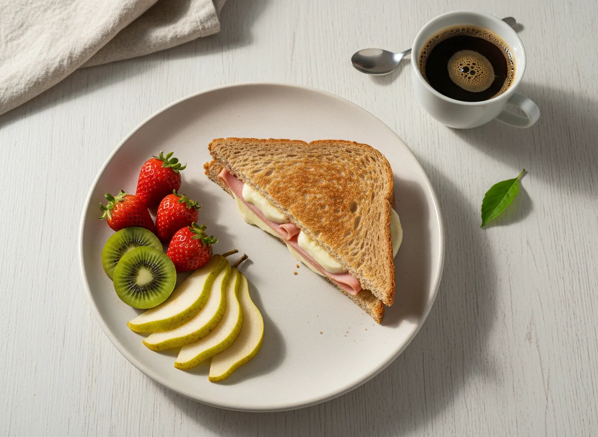 Café da manhã com misto quente e frutas photo