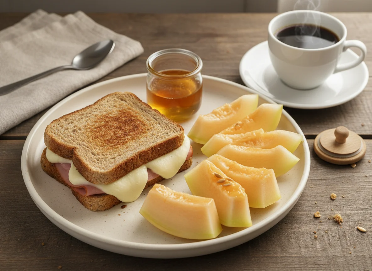 Café da manhã com misto quente e melão photo