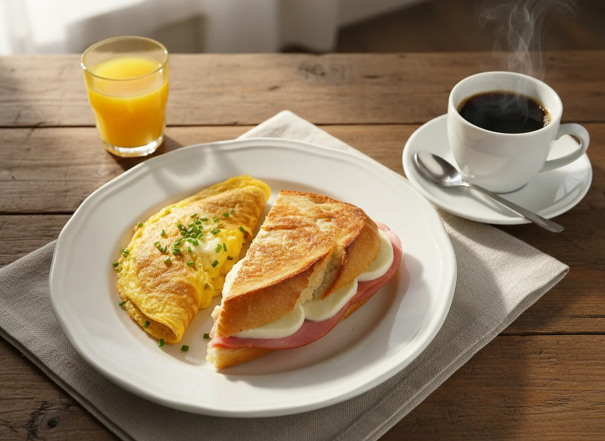 Café da manhã com misto quente e omelete photo