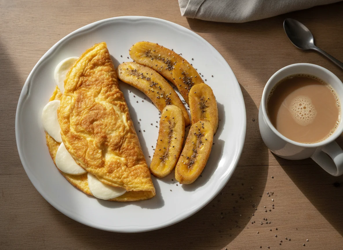 Café da manhã com omelete, banana da terra e café com leite photo