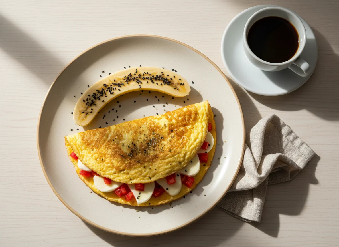 Café da manhã com omelete, banana e café photo