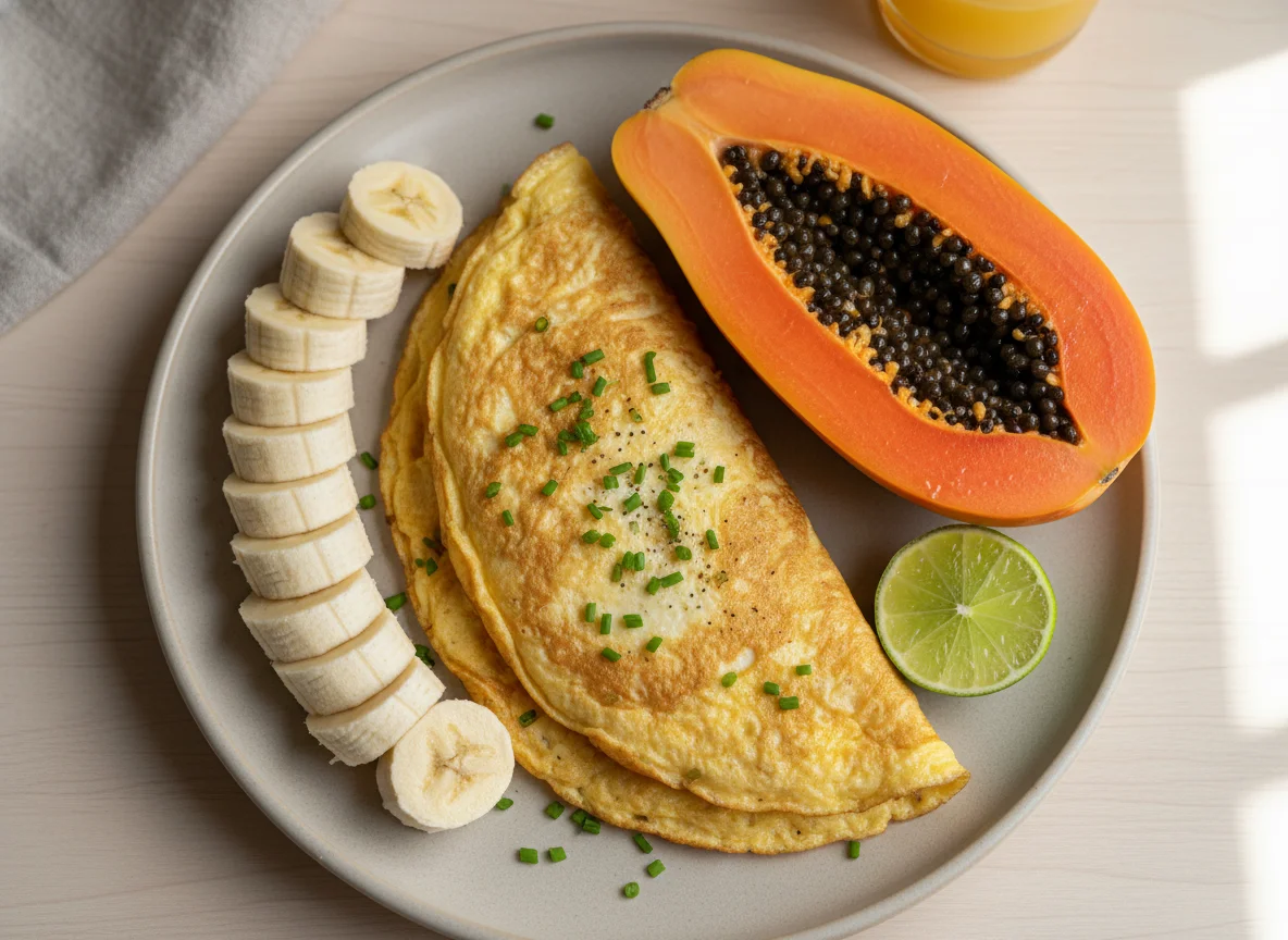 Café da manhã com omelete, banana e mamão photo